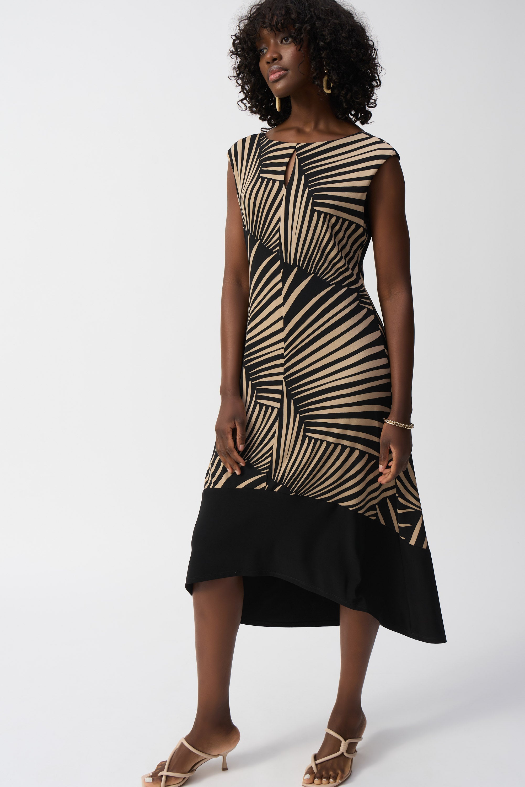 Joseph Ribkoff Black/Dune Tropical Print High-Low Dress Style 251107 Black/Dune / 8 Joseph Ribkoff Black/Dune Tropical Print High-Low Dress Style 251107 Black/Dune / 8
