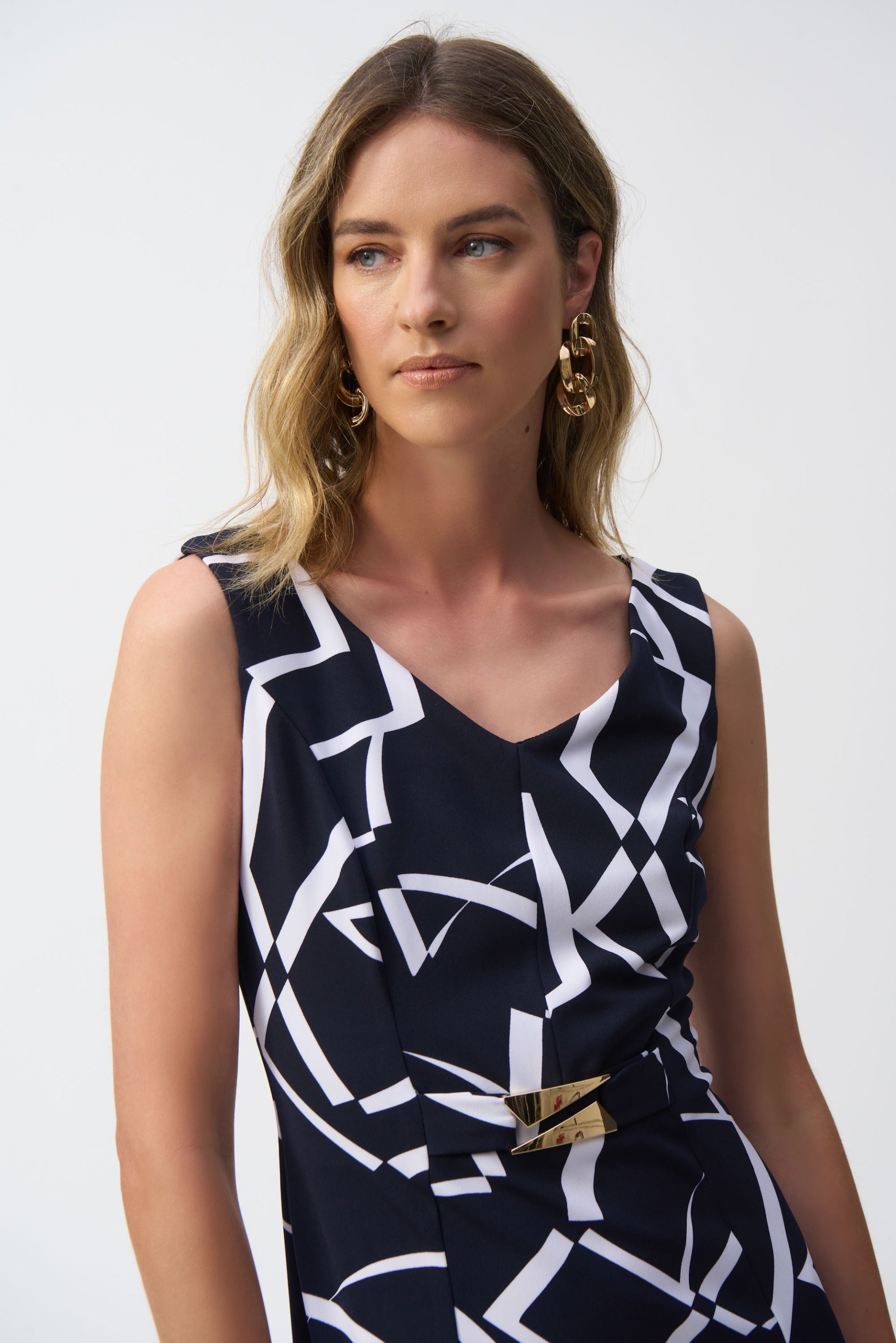 Joseph Ribkoff Midnight Blue/Vanilla Geometric Print Sheath Dress Style 251108 Joseph Ribkoff Midnight Blue/Vanilla Geometric Print Sheath Dress Style 251108