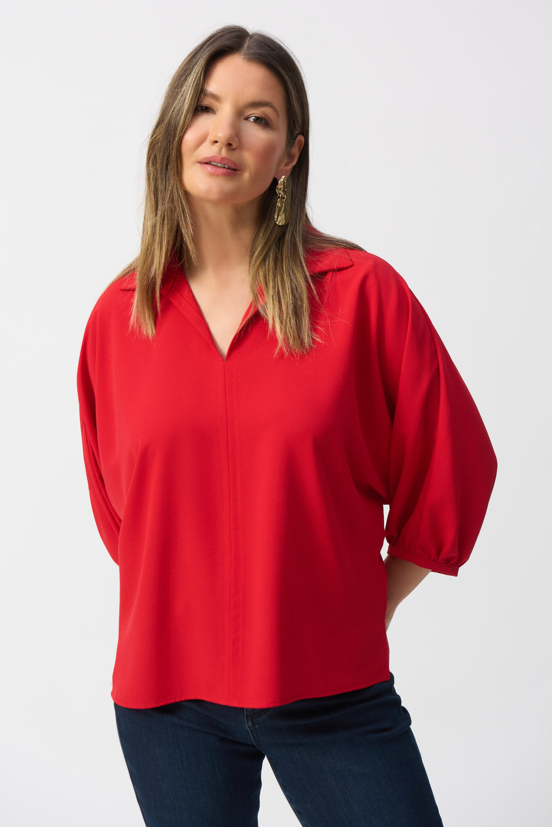 Joseph Ribkoff Radiant Red Boxy Top With Shirt Collar Style 241116