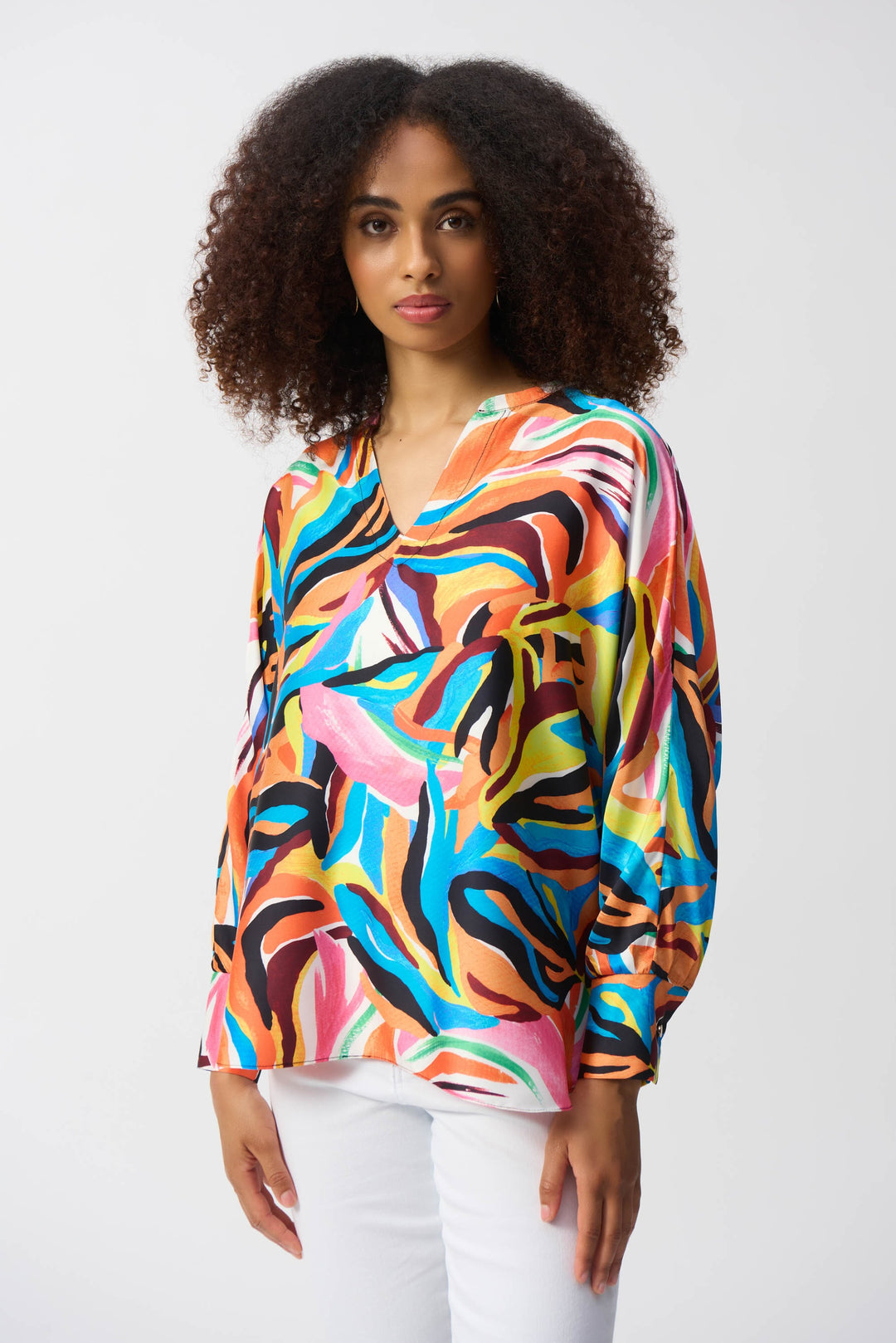 Joseph Ribkoff Vanilla/Multi Satin Abstract Print Boxy Top Style 251122.