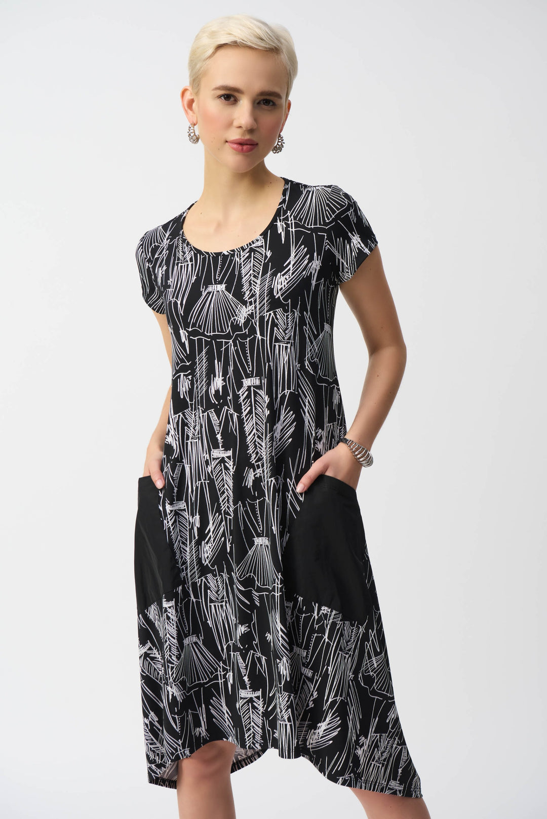 Joseph Ribkoff Black/Vanilla Conversasional Print Cocoon Dress Style 251140