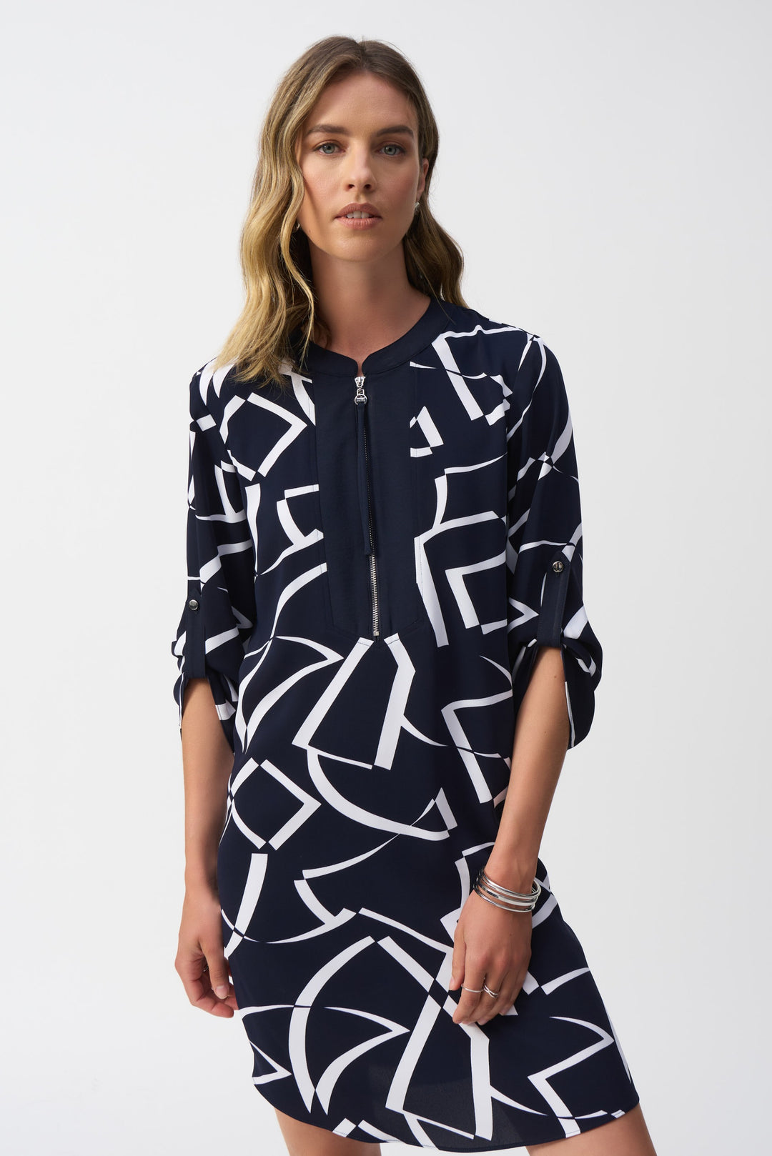 Joseph Ribkoff Midnight Blue/Vanilla Woven Geometric Print Straight Dress Style 251143.