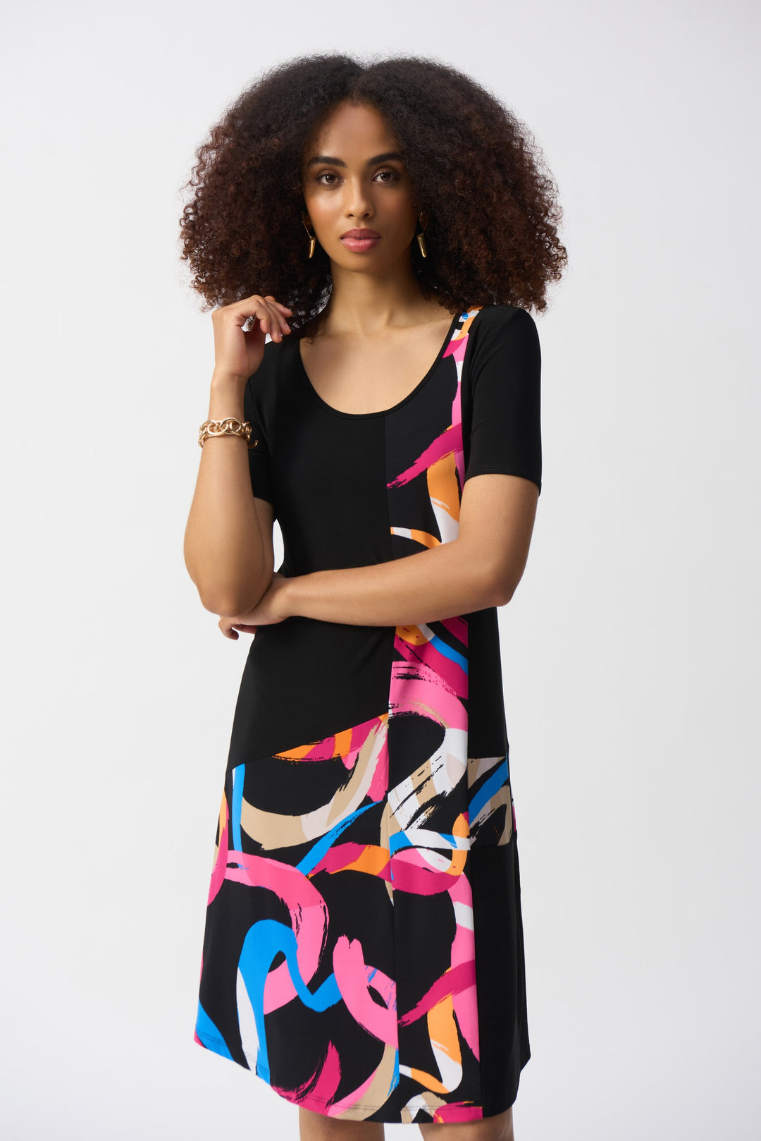 Joseph Ribkoff Black/Multi Abstract Print Trapeze Dress Style 251203