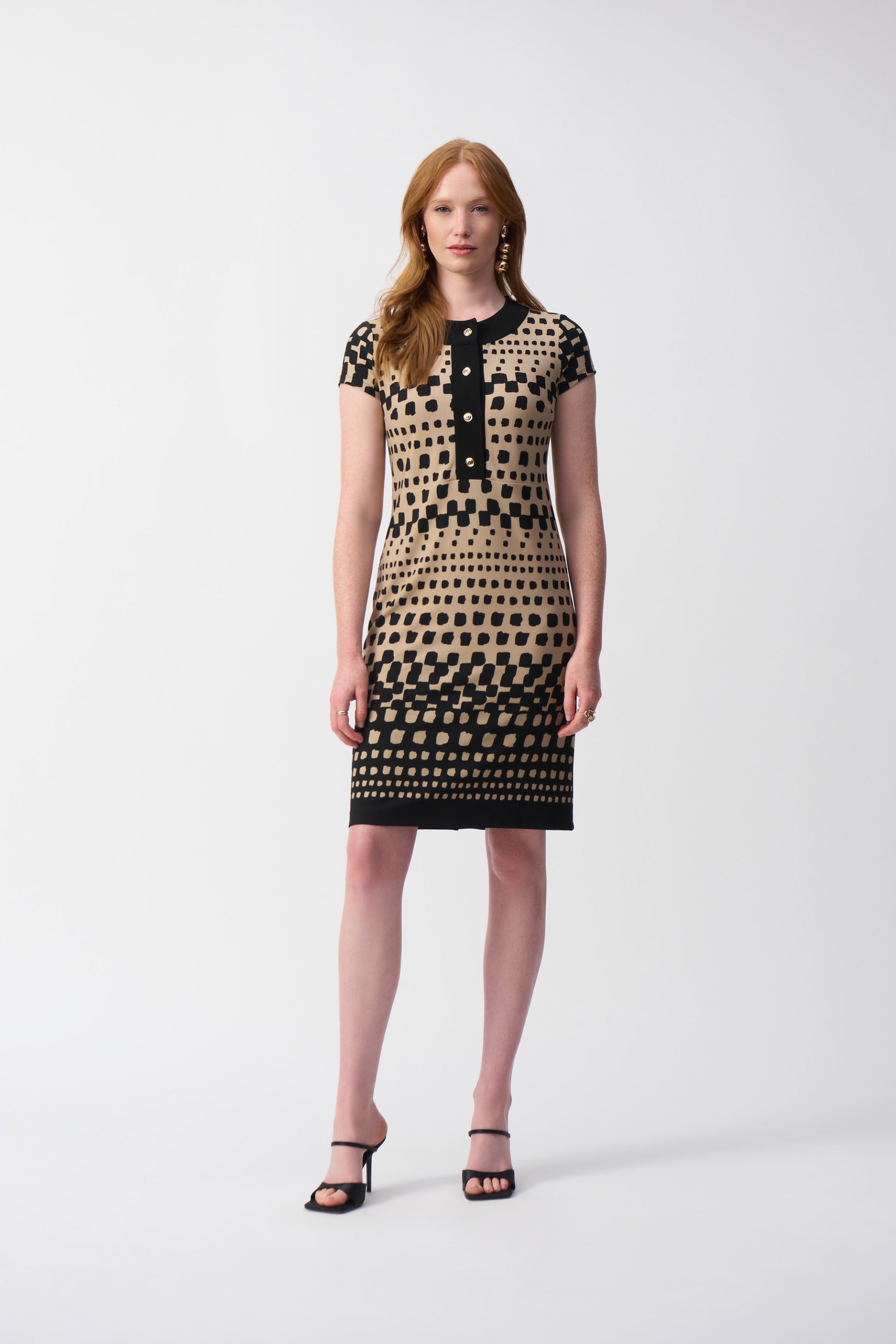 Joseph Ribkoff Black/DuneSilky Knit Geometric Print Shift Dress Style 251207 Black/Dune / 4 Joseph Ribkoff Black/DuneSilky Knit Geometric Print Shift Dress Style 251207 Black/Dune / 4