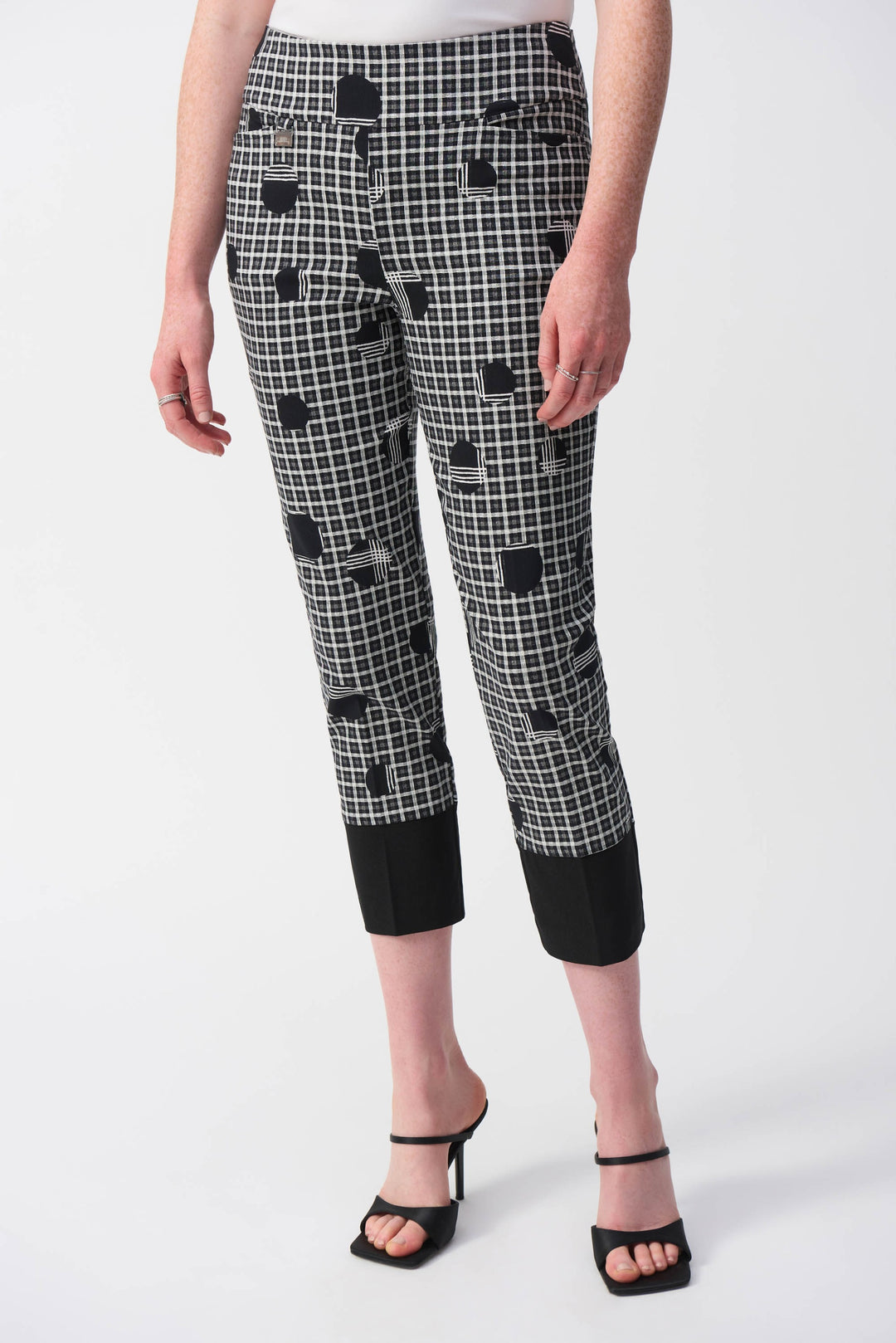 Joseph Ribkoff Vanilla/Multi Plaid and Dot Print Crop Pants Style 251210