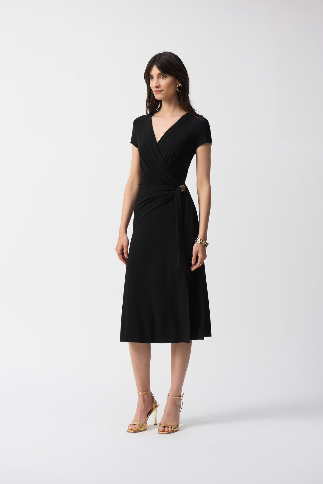 Joseph Ribkoff Short Sleeve Flowy Wrap Midi Dress Style 251250 Black / 22 Joseph Ribkoff Short Sleeve Flowy Wrap Midi Dress Style 251250 Black / 22