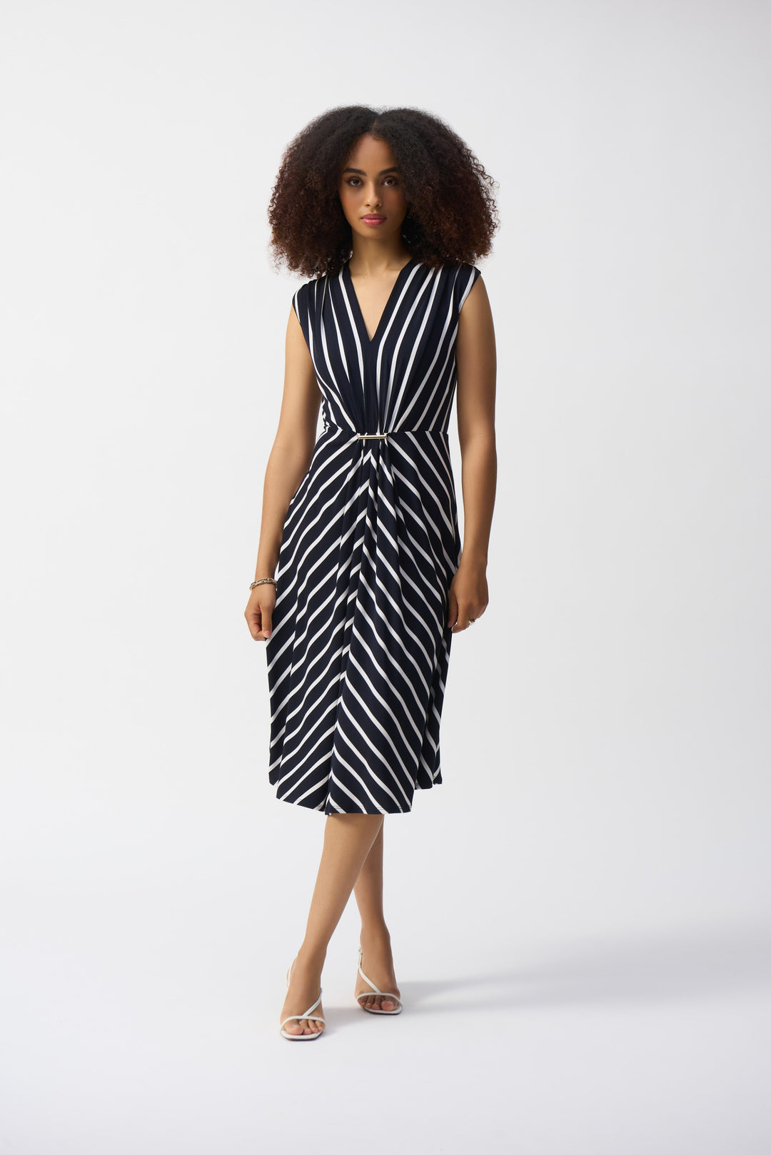 Joseph Ribkoff Midnight Blue/Vanilla Silky Knit Stripe Fit and Flare Dress Style 251295.