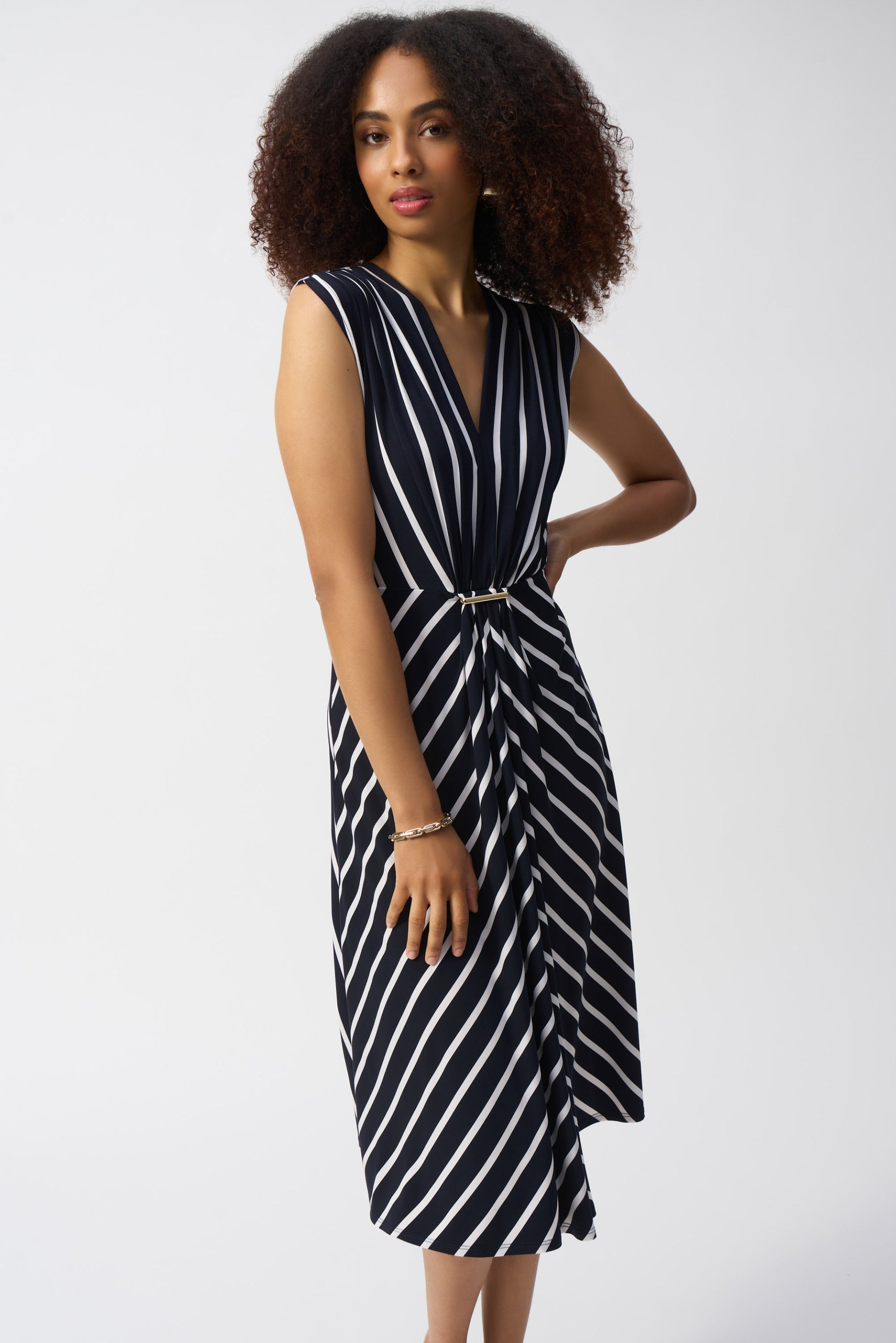Joseph Ribkoff Midnight Blue/Vanilla Silky Knit Stripe Fit and Flare Dress Style 251295 Joseph Ribkoff Midnight Blue/Vanilla Silky Knit Stripe Fit and Flare Dress Style 251295