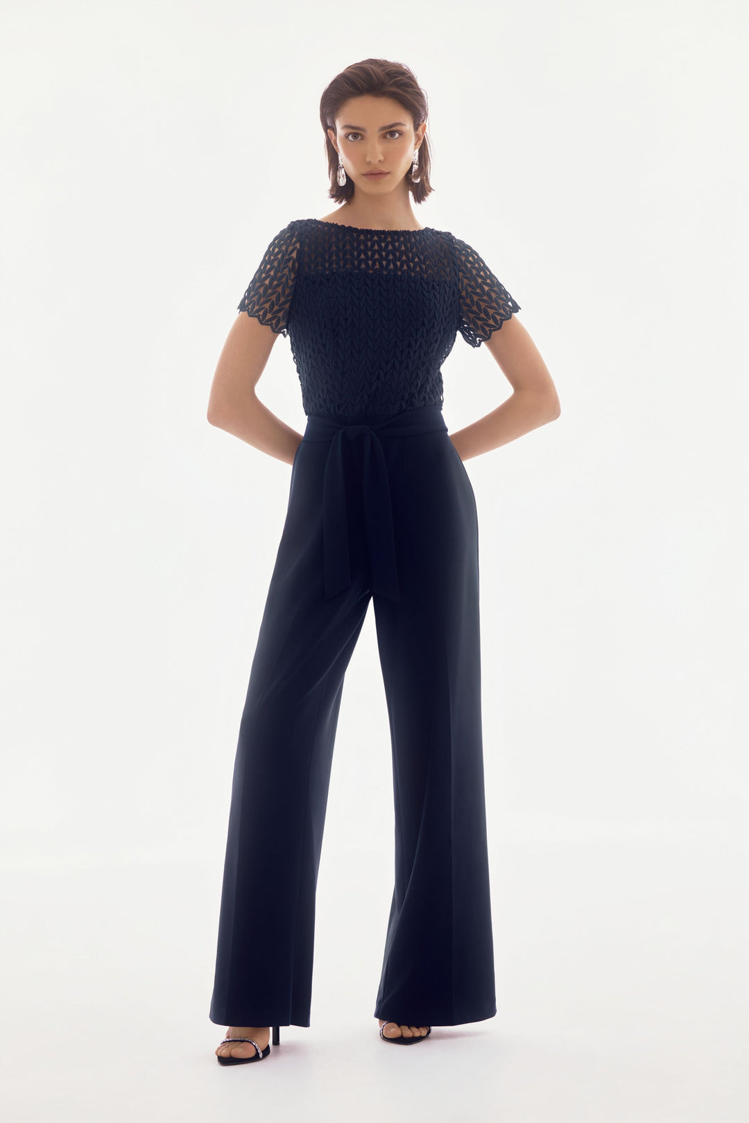 Joseph Ribkoff Midnight Blue Silky Knit And Guipure Wide Leg Jumpsuit Style 251715.