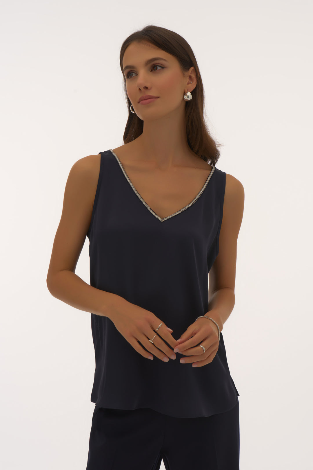 Joseph Ribkoff Midnight Blue Sleeveless Top with Rhinestone Trim Style 251741