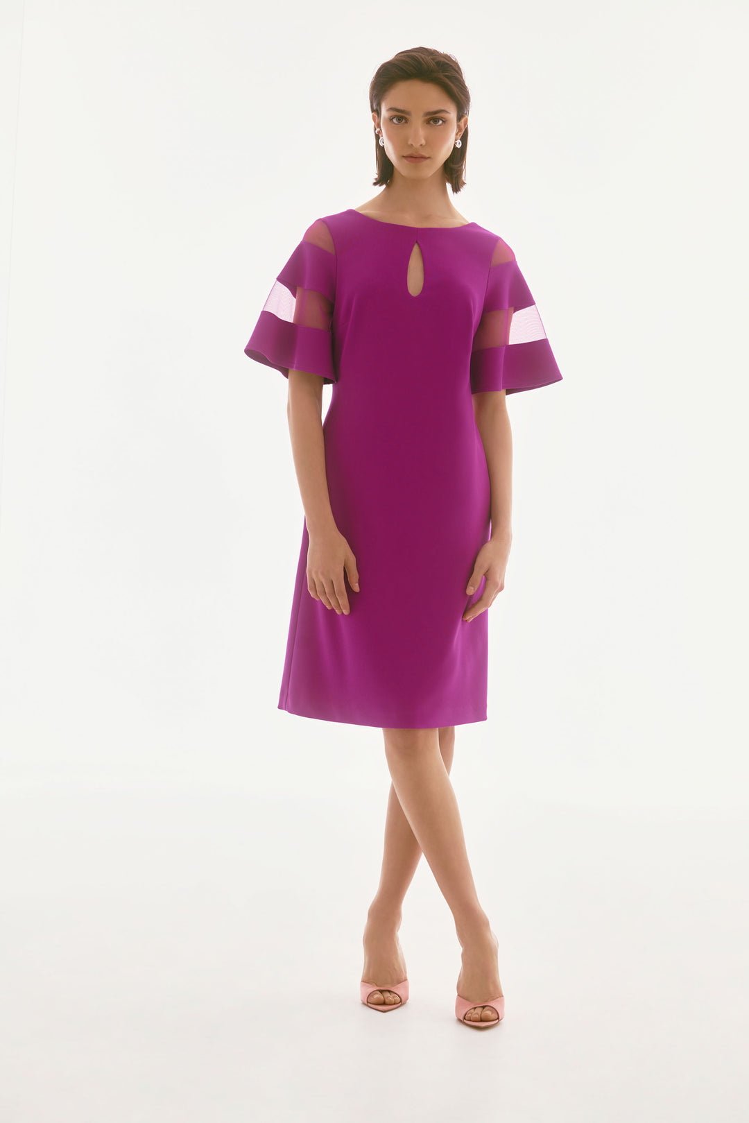 Joseph Ribkoff Purple Orchid A-Line Dress With Mesh Inserts Style 2517 DECABANA Joseph Ribkoff Purple Orchid A-Line Dress With Mesh Inserts Style 2517 DECABANA