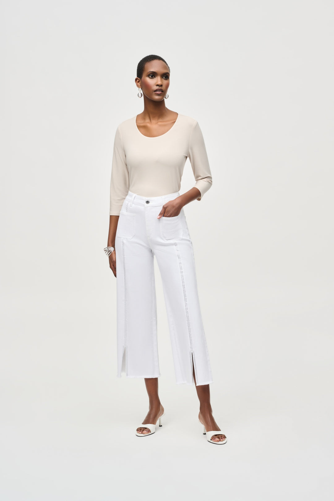 Joseph Ribkoff White Culotte Jeans With Embellished Front Seam Style 251901