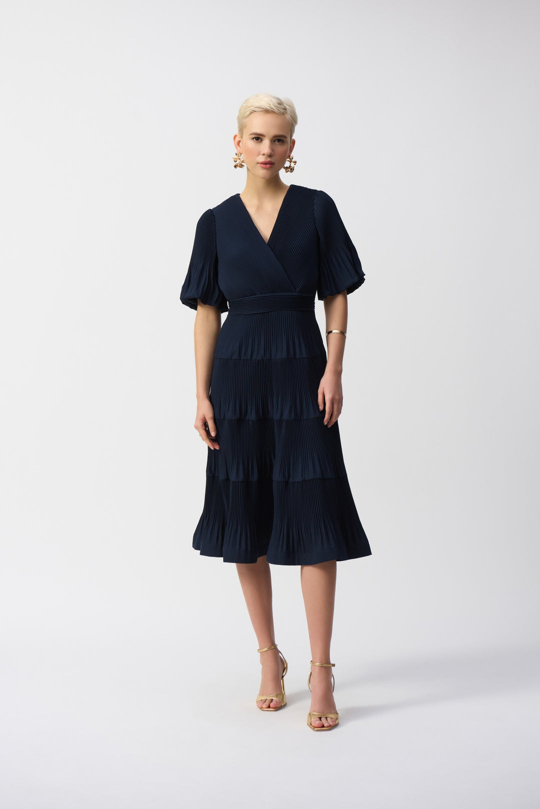 Joseph Ribkoff Midnight Blue Pleated Woven Fit And Flare Dress Style 251905.