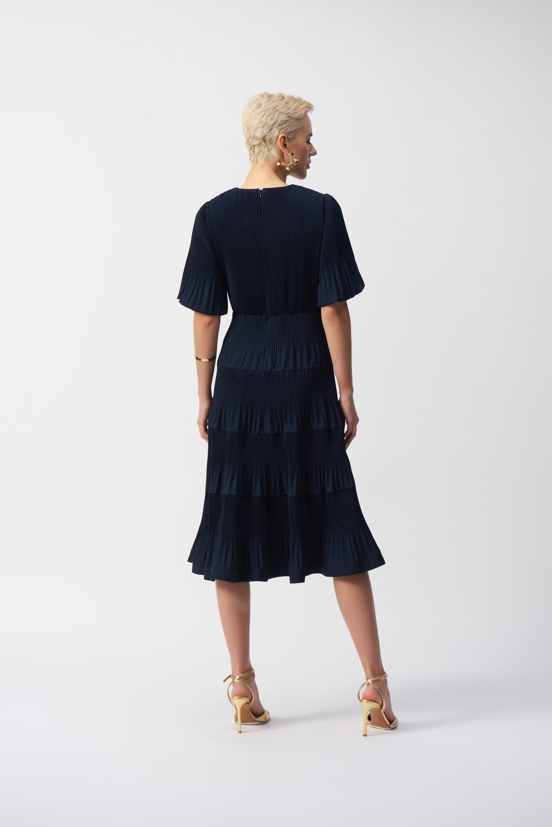 Joseph Ribkoff Midnight Blue Pleated Woven Fit And Flare Dress Style 2 DECABANA Joseph Ribkoff Midnight Blue Pleated Woven Fit And Flare Dress Style 2 DECABANA