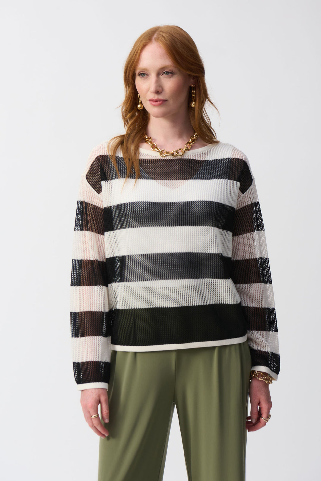 Joseph Ribkoff Vanilla/Black Striped Sweater Knit Pullover Style 251922.