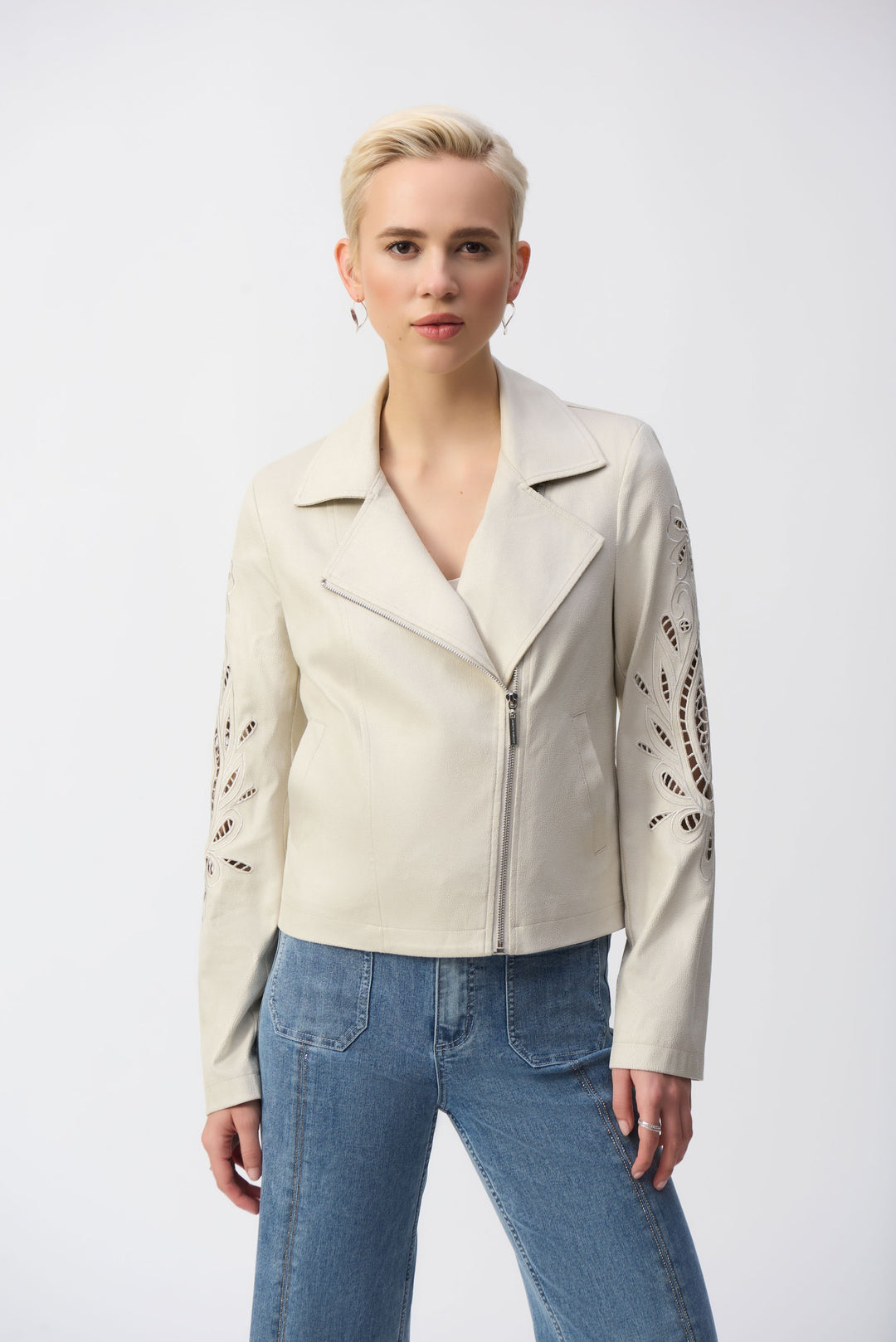 Joseph Ribkoff Moonstone Foiled Faux-Suede Moto Jacket Style 251936.