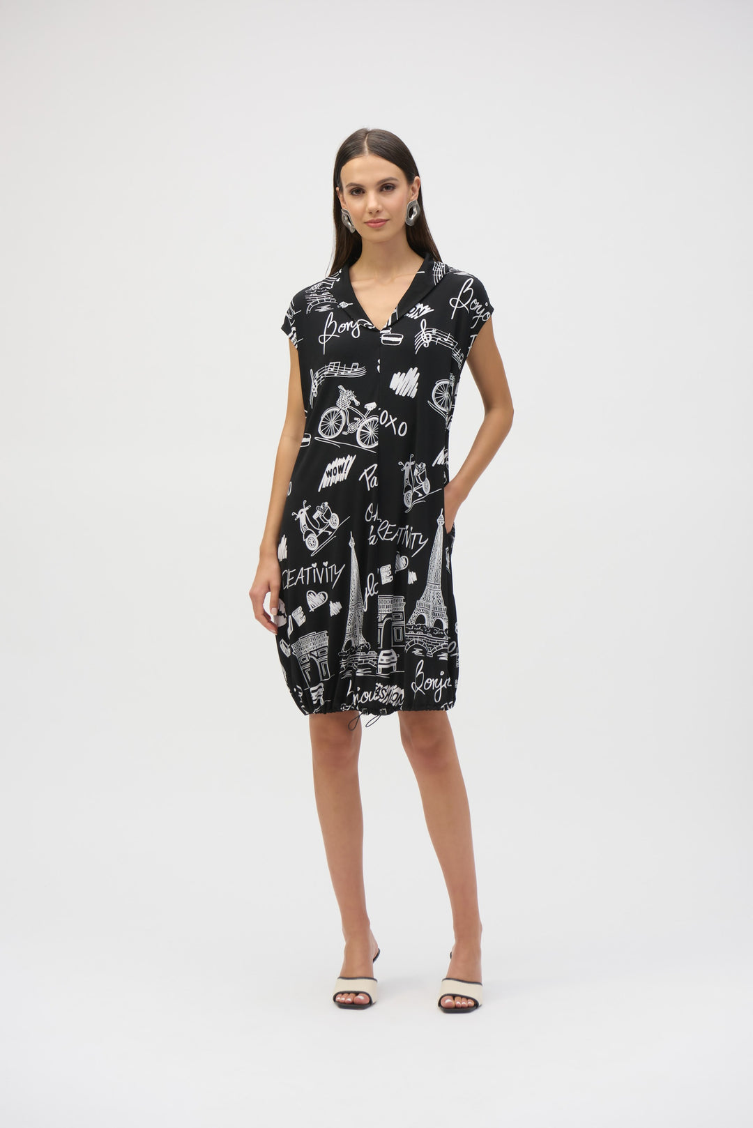 Joseph Ribkoff Black/Vanilla Silky Knit Conversational Print Cocoon Dress Style 252025.