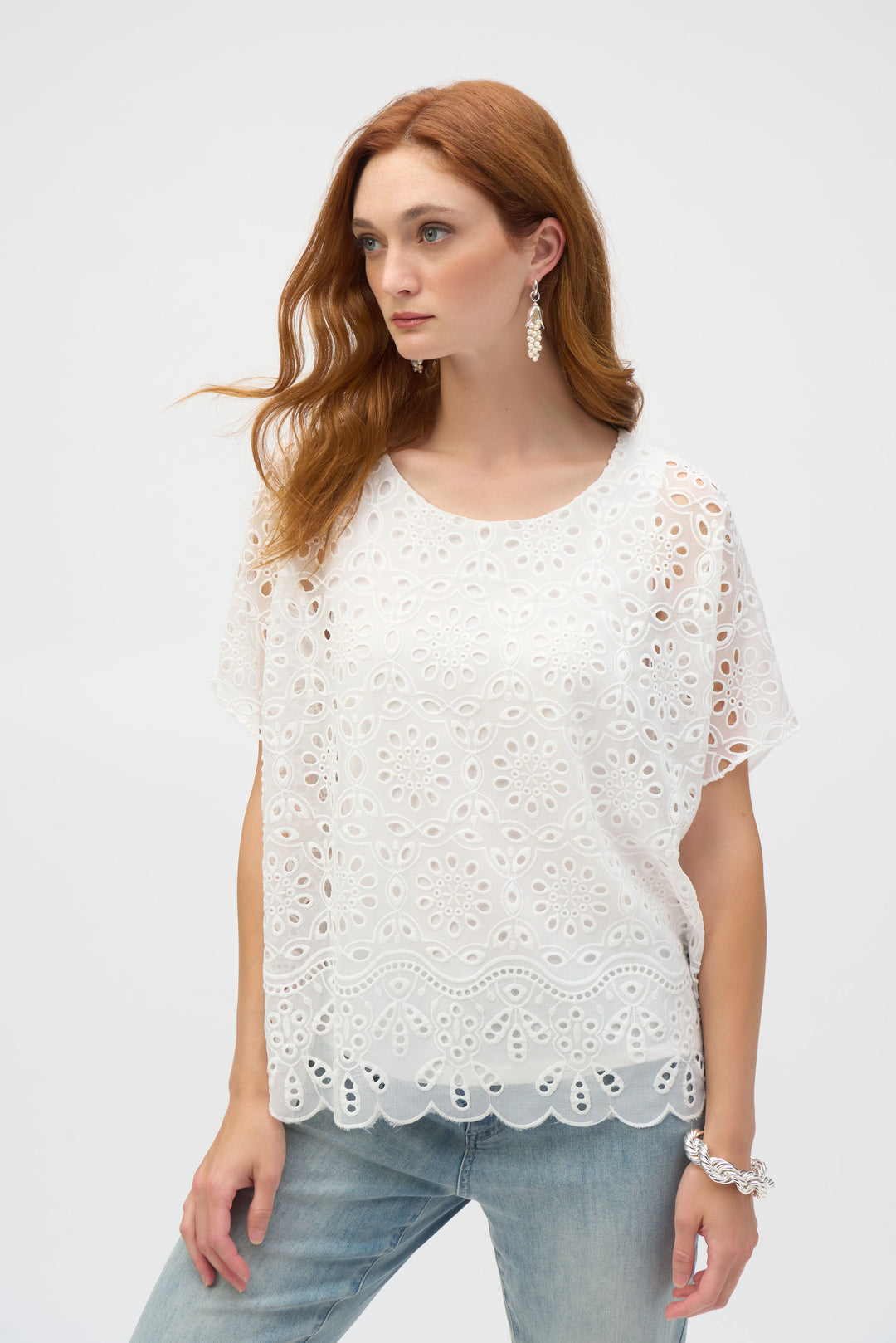 Joseph Ribkoff Off-White Embroidered Georgette Boxy Top Style 252069.