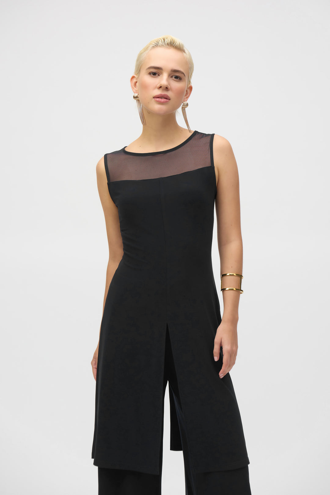 Joseph Ribkoff Black Silky Knit And Mesh Sleeveless Tunic Style 252081.