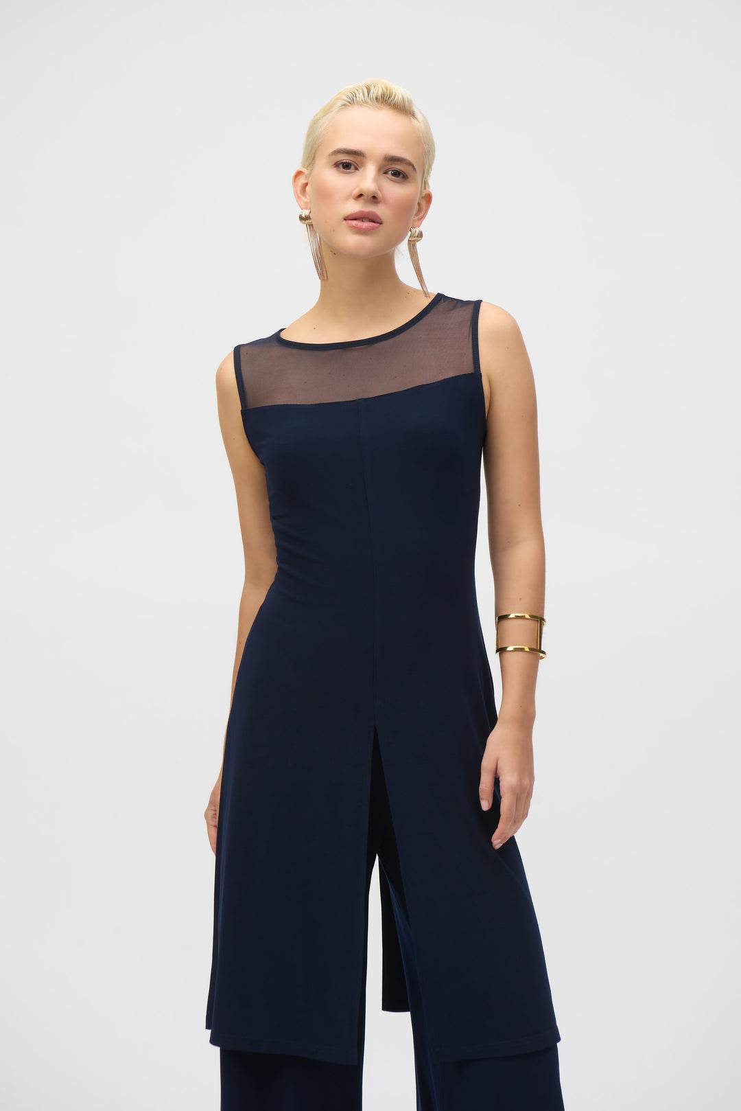 Joseph Ribkoff Midnight Blue Silky Knit And Mesh Sleeveless Tunic Style 252081.