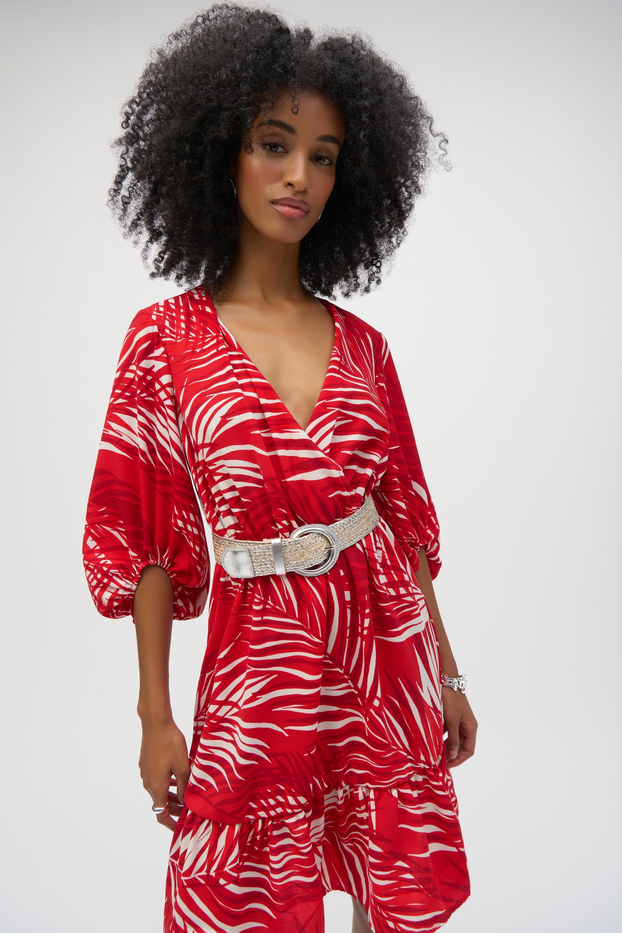 red joseph ribkoff dress Joseph Ribkoff tie-waist Printed Dress | Red