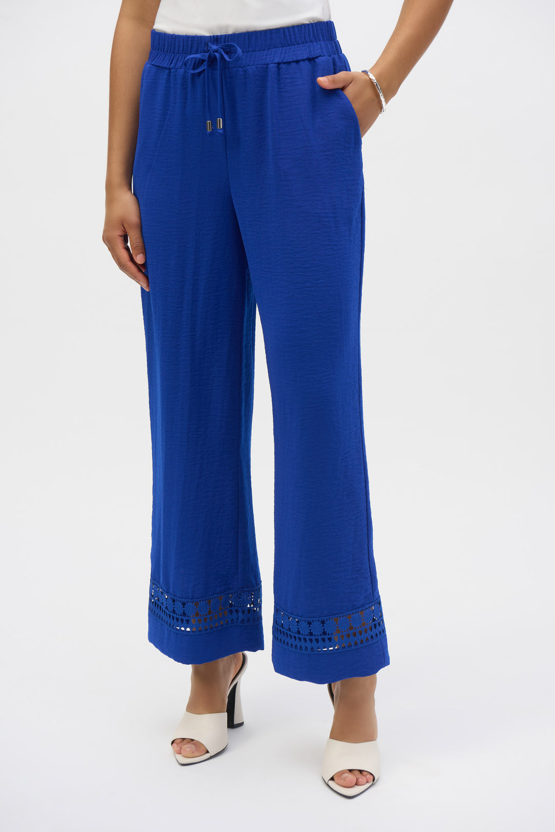 Joseph Ribkoff Royal Sapphire Gauze Wide-Leg Pants With Guipure Trim Style 252110.