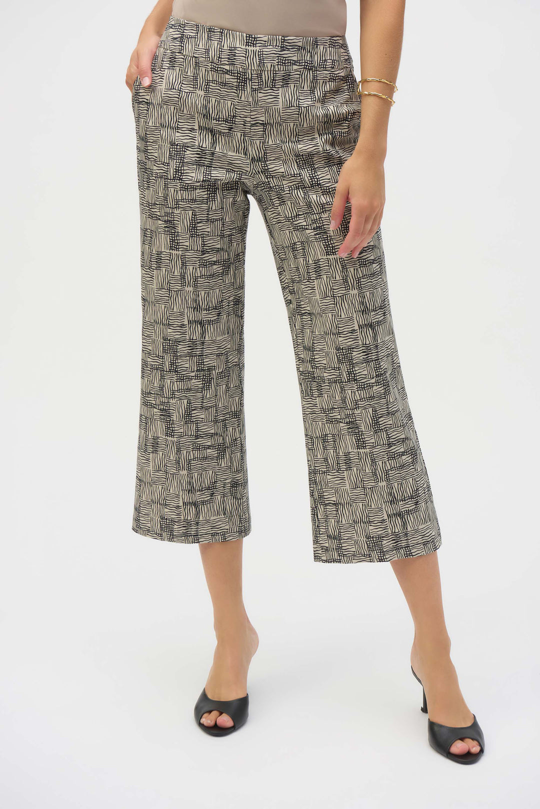 Joseph Ribkoff Beige/Black Geometric Print Culotte Pants Style 252123