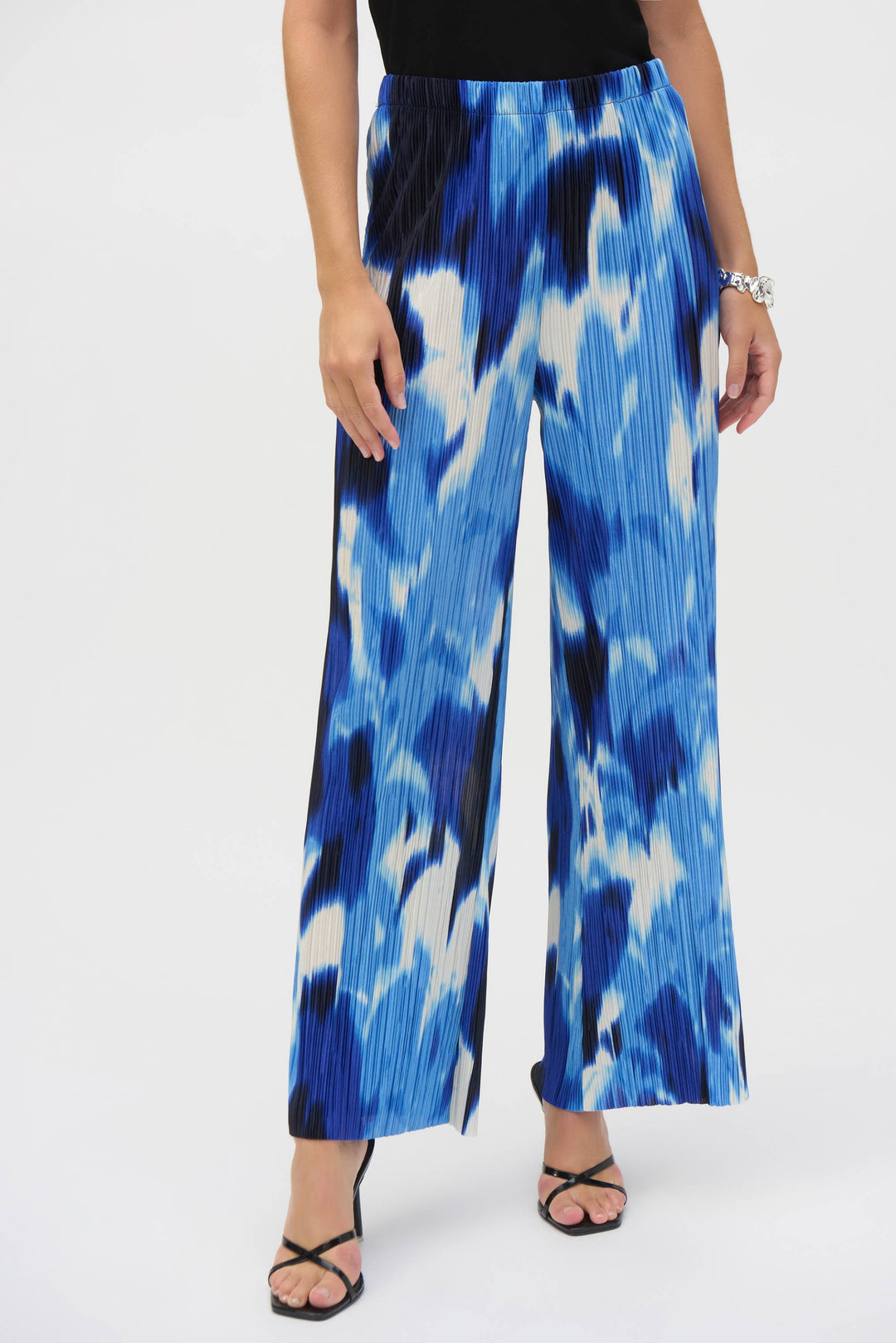 Joseph Ribkoff Blue/Vanilla Pleated Novelty Tropical Print Wide-Leg Pants Style 252138.