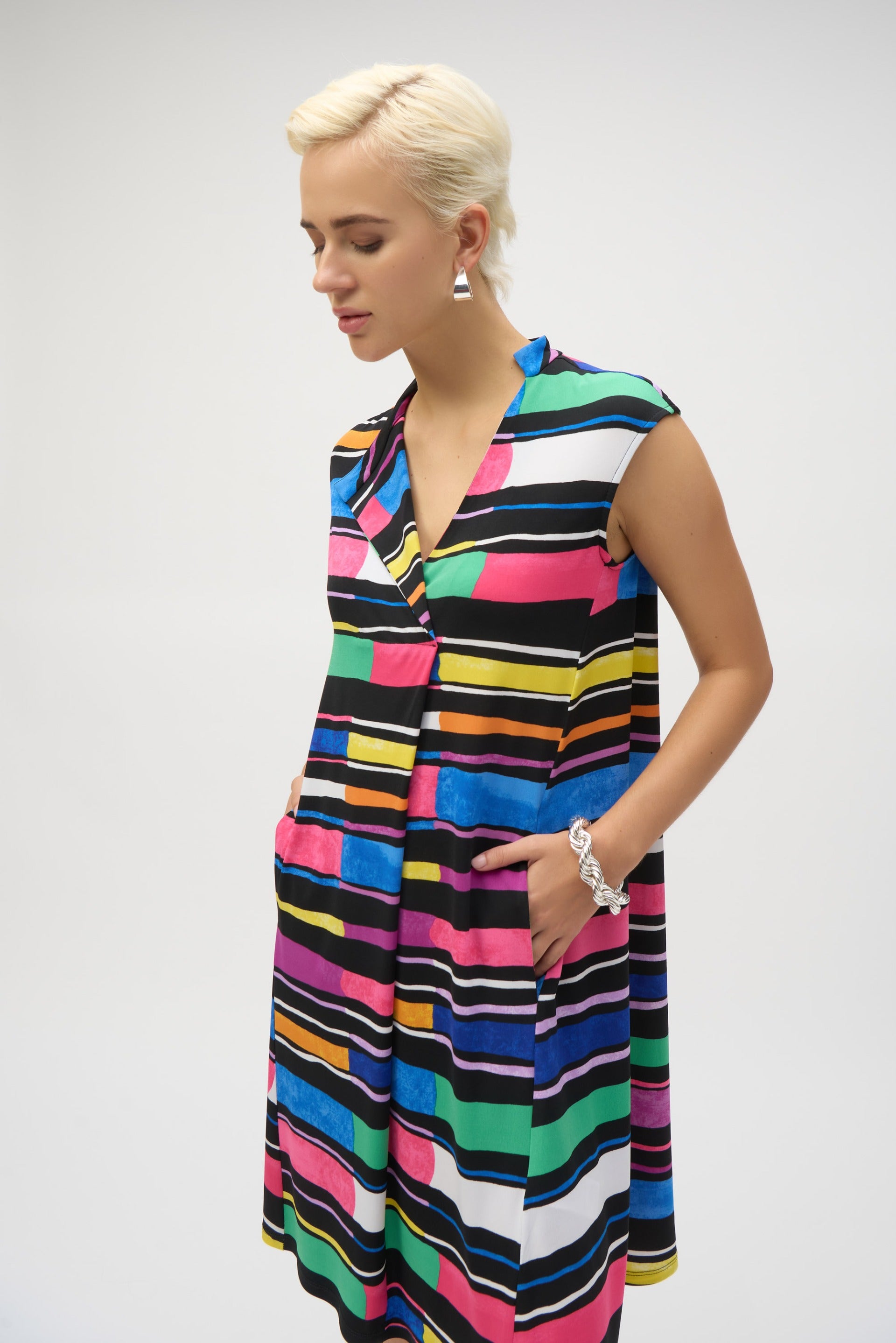 knit trapeze dress Joseph Ribkoff Black/Multi Silky Knit Stripe Print Trapeze Dress Style 252171 Black/Multi / 2
