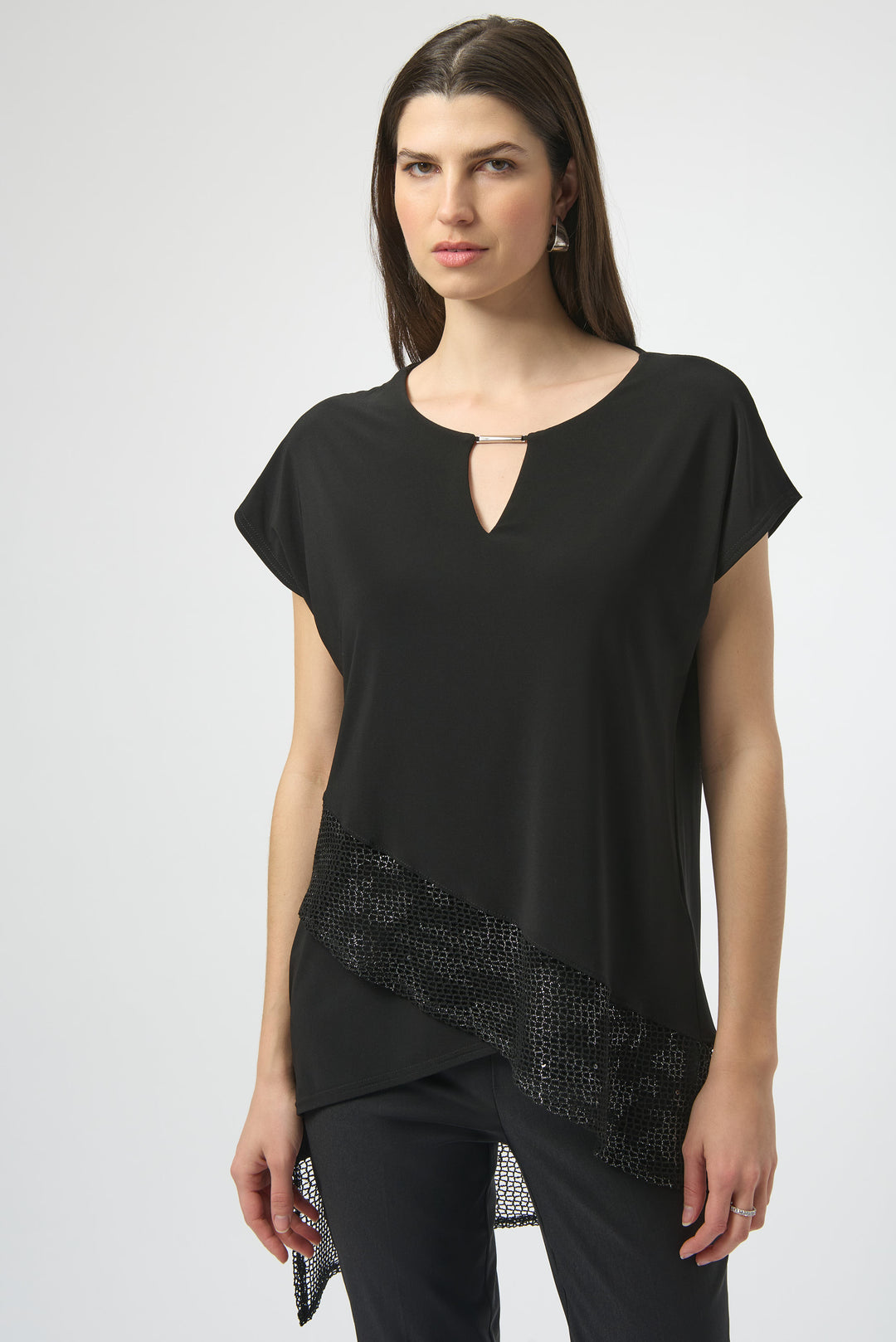 Joseph Ribkoff Asymmetrical Top with Foiled Mesh Bottom Style 252172