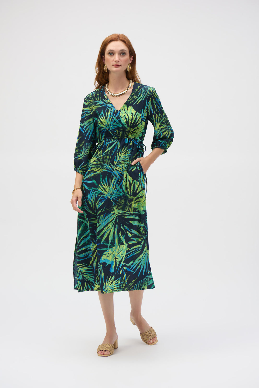 Joseph Ribkoff Midnight Blue/Multi Gauze Tropical Print Fit and Flare Dress Style 252185.