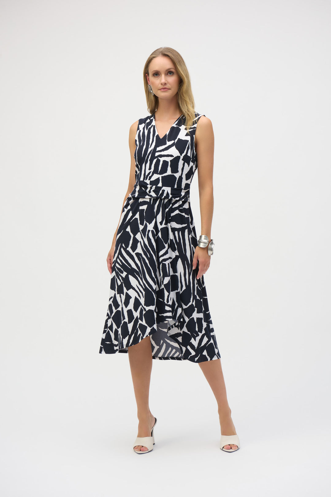 Joseph Ribkoff Vanilla/Midnight Blue Abstract Print Fit and Flare Dress Style 252199