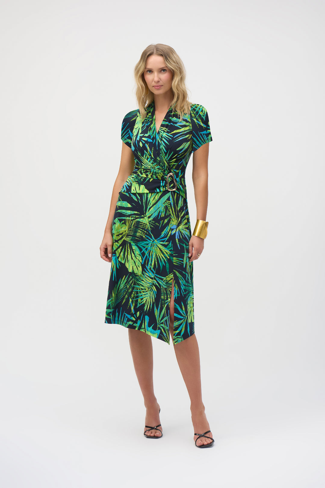 Joseph Ribkoff Midnight Blue/Multi Silky Knit Tropical Print Fit and Flare Dress Style 252203X.