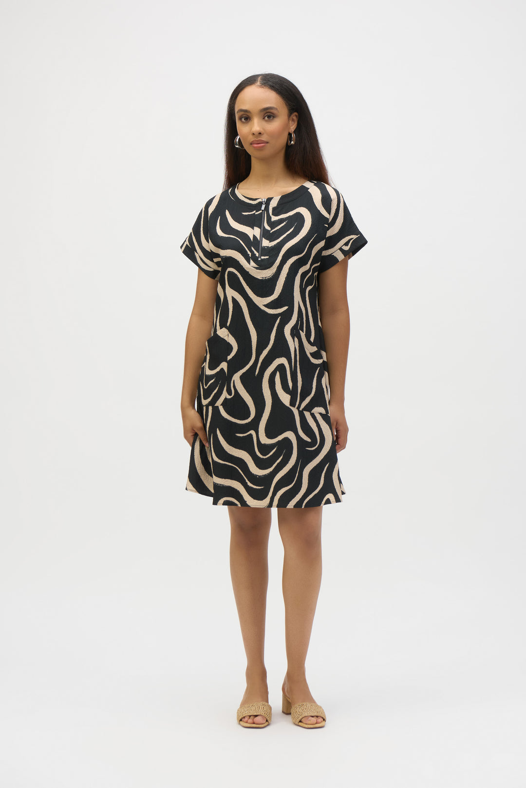 Joseph Ribkoff Black/Parchment Seersucker Abstract Print A-Line Dress Style 252205