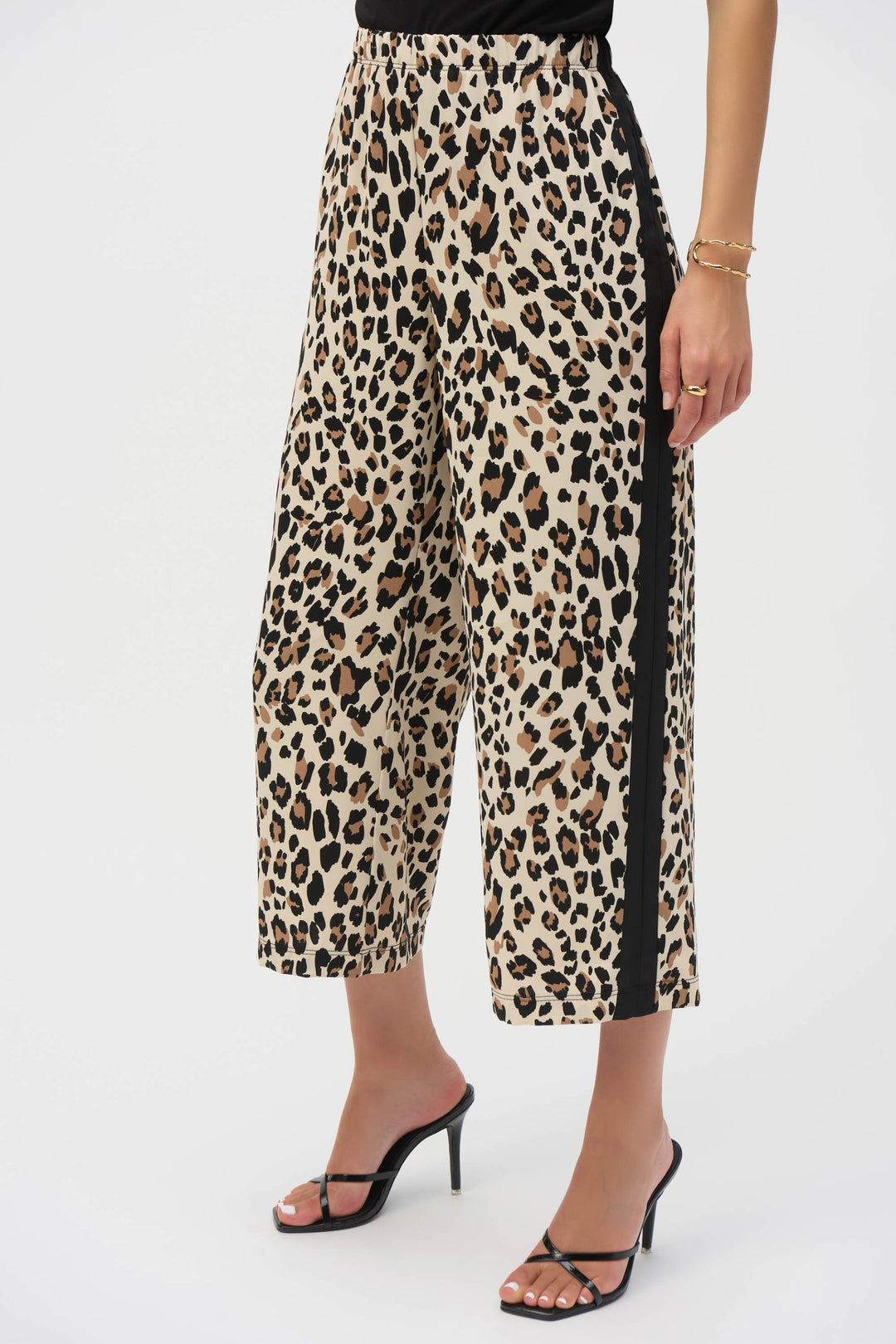 Joseph Ribkoff Beige/Black Woven Animal Print Culotte Pants Style 252235.