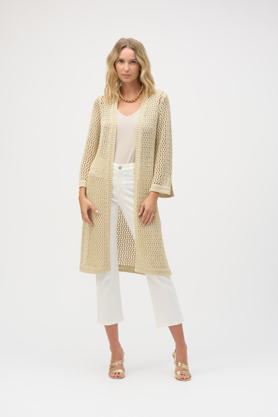 Joseph Ribkoff Gold Sweater Knit Open Stitch Cover-Up with Metal Fibres Style 252904.