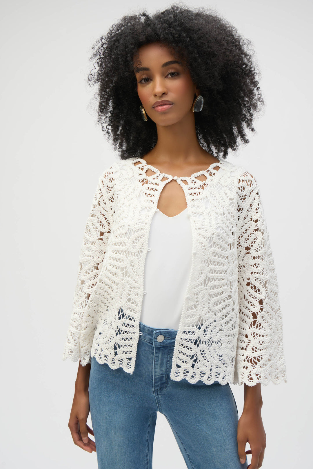 Joseph Ribkoff Vanilla Crochet Sweater Knit Cover-Up Style 252905.