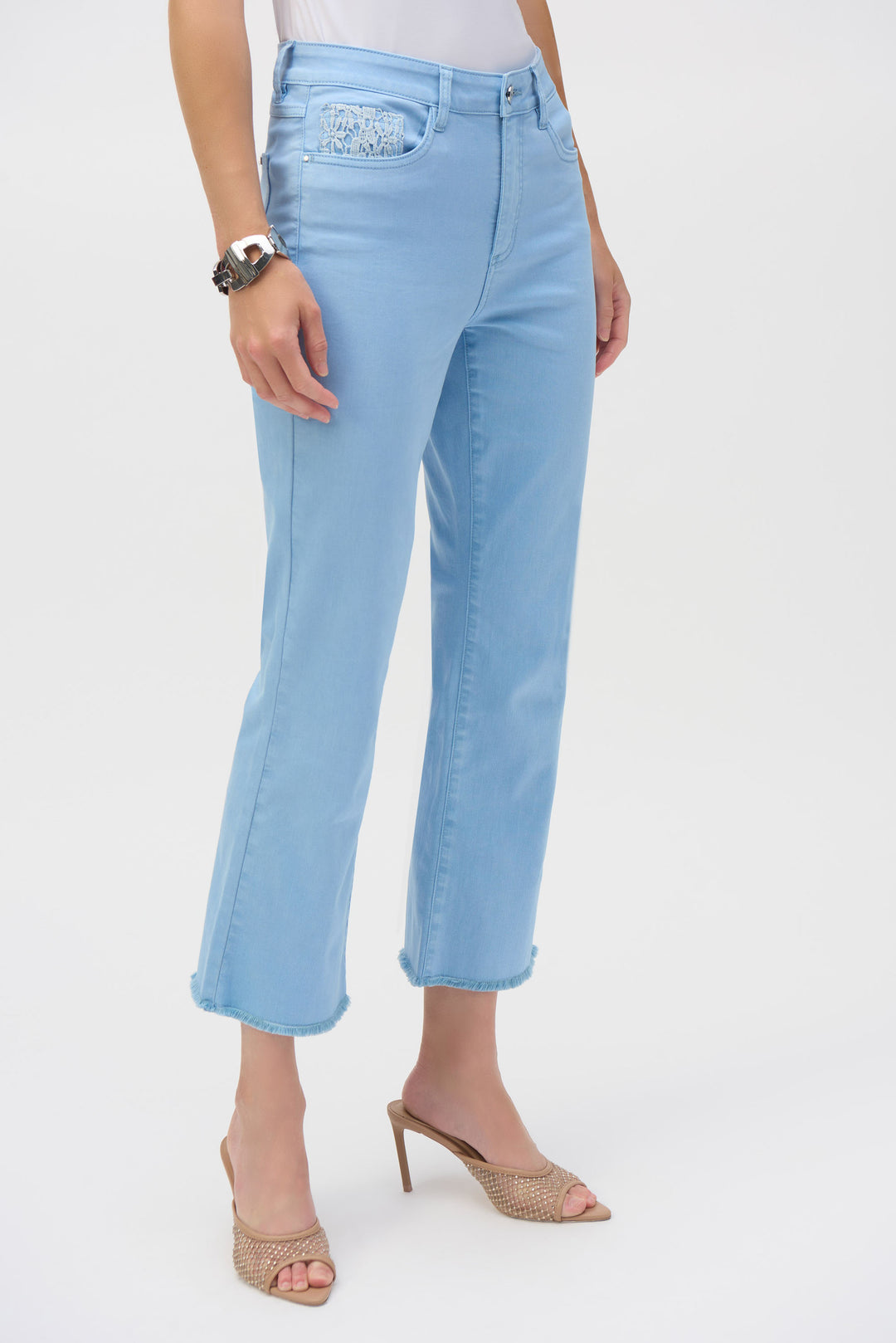 Joseph Ribkoff Sky Blue Stretch Flare Crop Jeans With Frayed Hem Style 252912