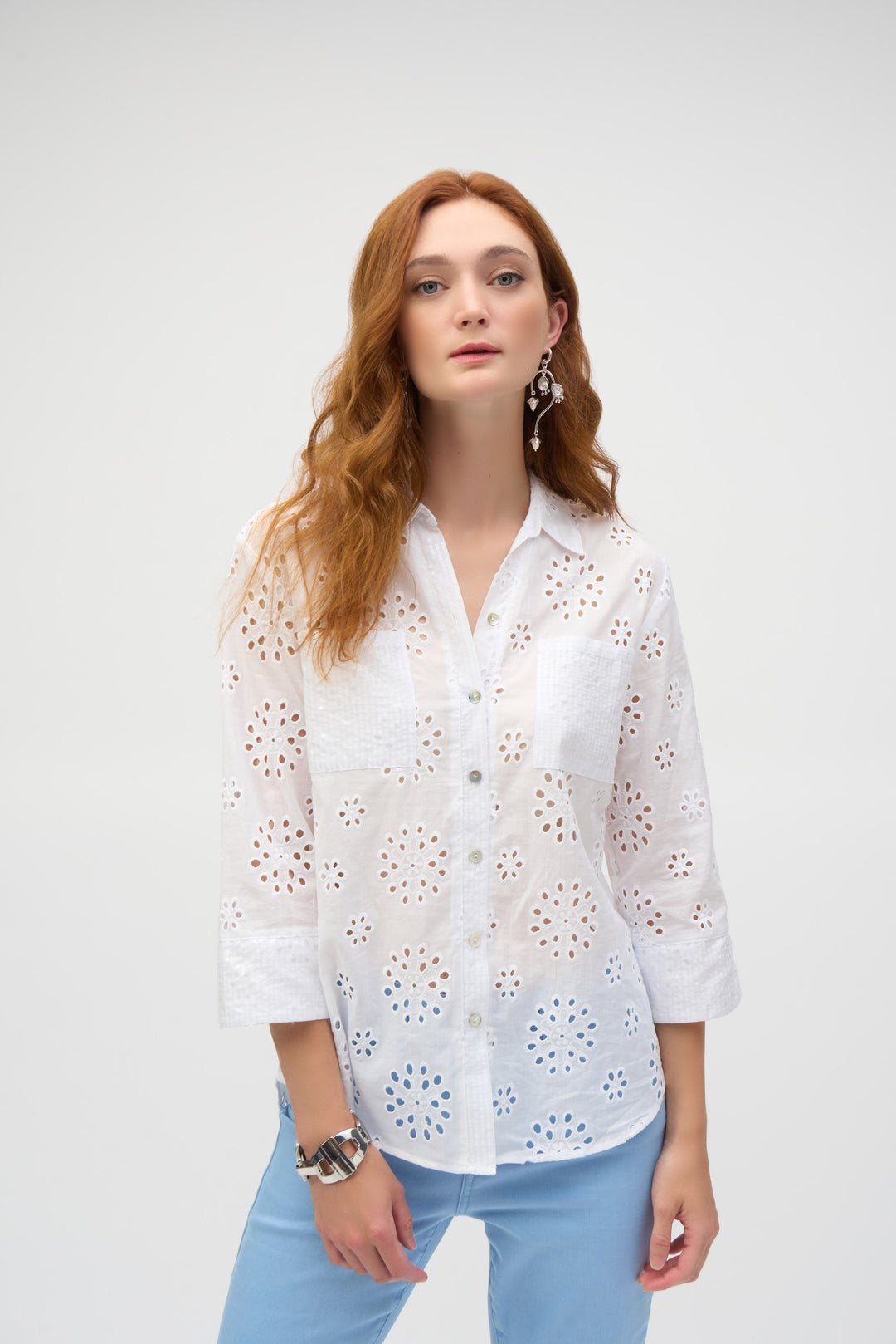 Joseph Ribkoff White Cotton Embroidered Eyelet Boxy Blouse Style 252928.