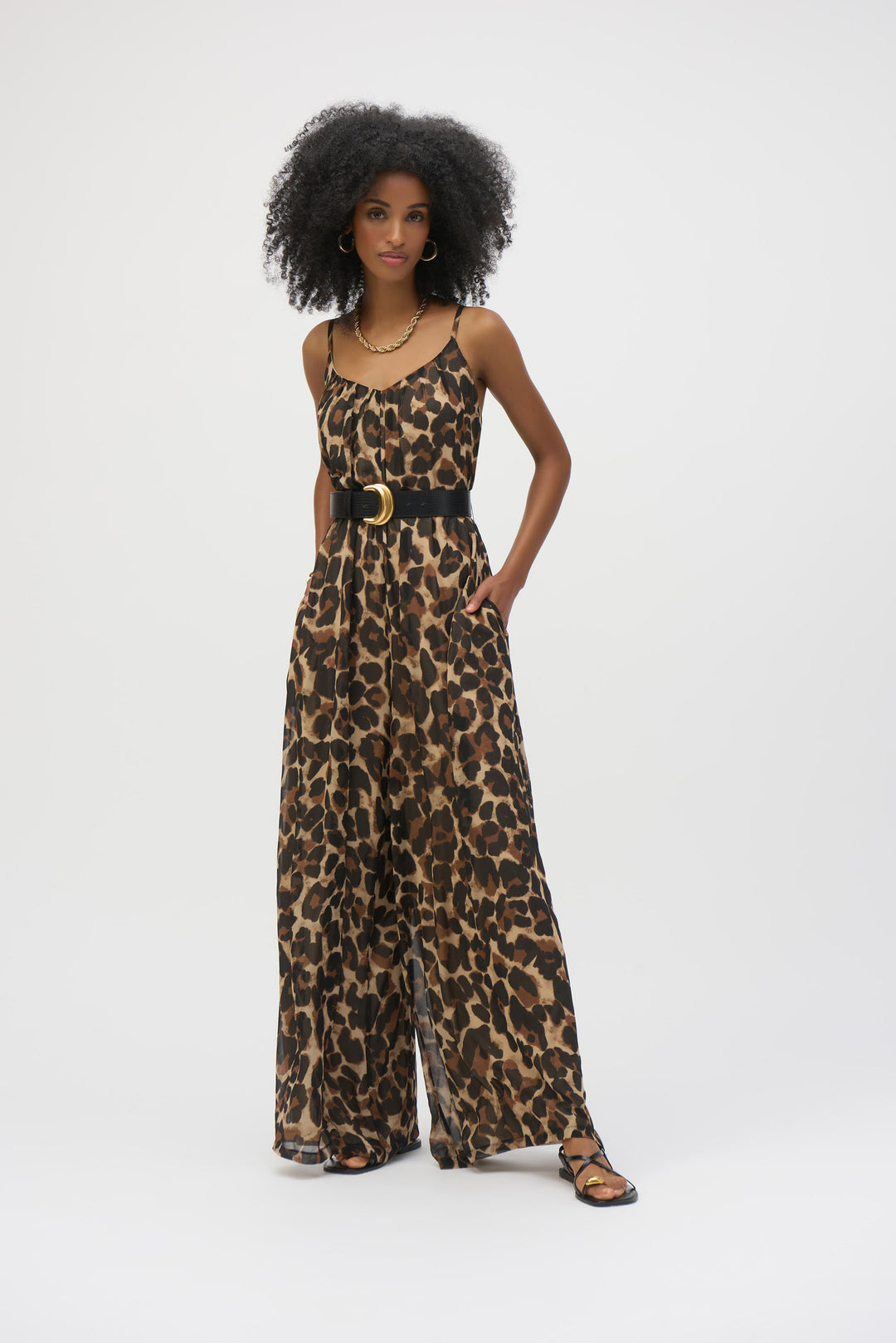 Joseph Ribkoff Beige/Black Animal Print Wide Leg Jumpsuit Style 252936