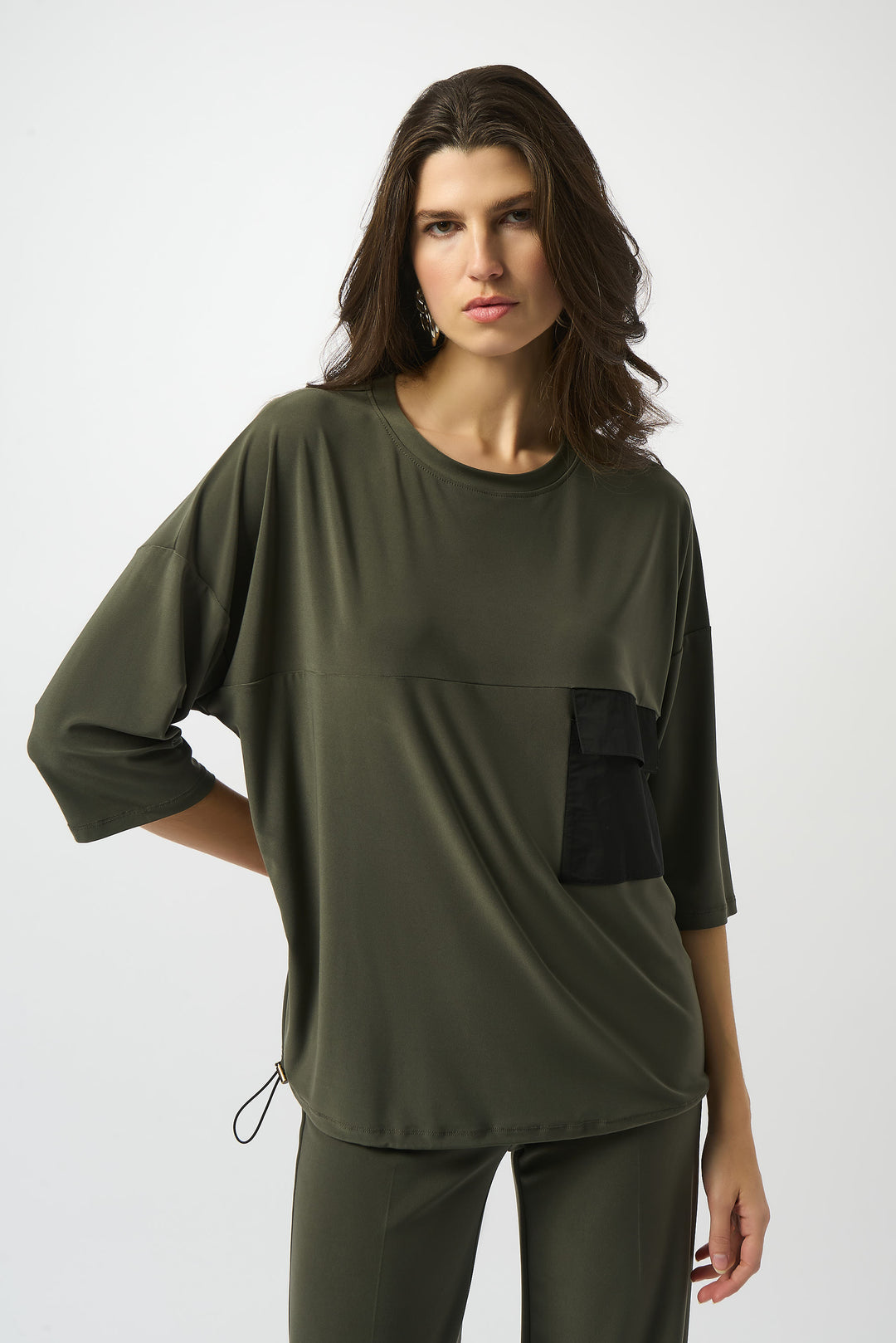 Joseph Ribkoff Avocado/Black Silky Knit And Memory Cocoon Top Style 253024.