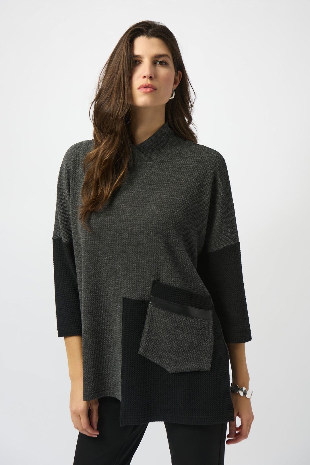 Joseph Ribkoff Grey/Black Textured Knit Color Block Boxy Top Style 253083.