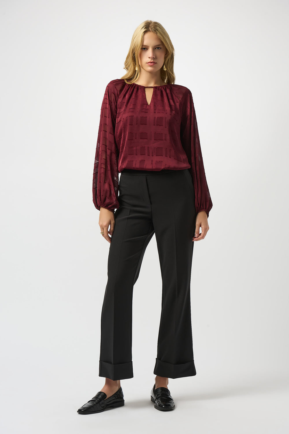 Joseph Ribkoff Merlot Satin Burnout Boxy Top Style 253135.