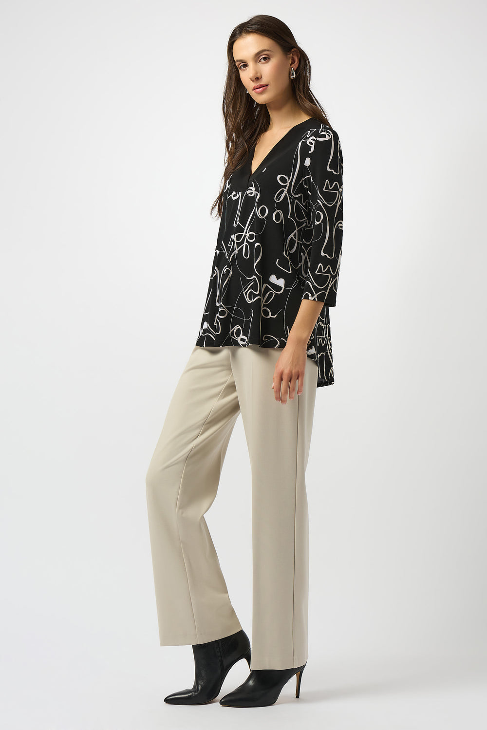 Joseph Ribkoff Black/Moonstone Silky Knit Face Print Flared Top Style 253138