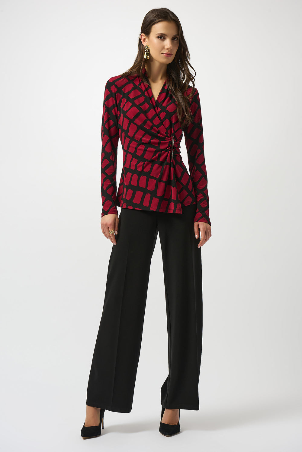 Joseph Ribkoff Silky Knit Geometric Print Fitted Wrap Top Style 253139.