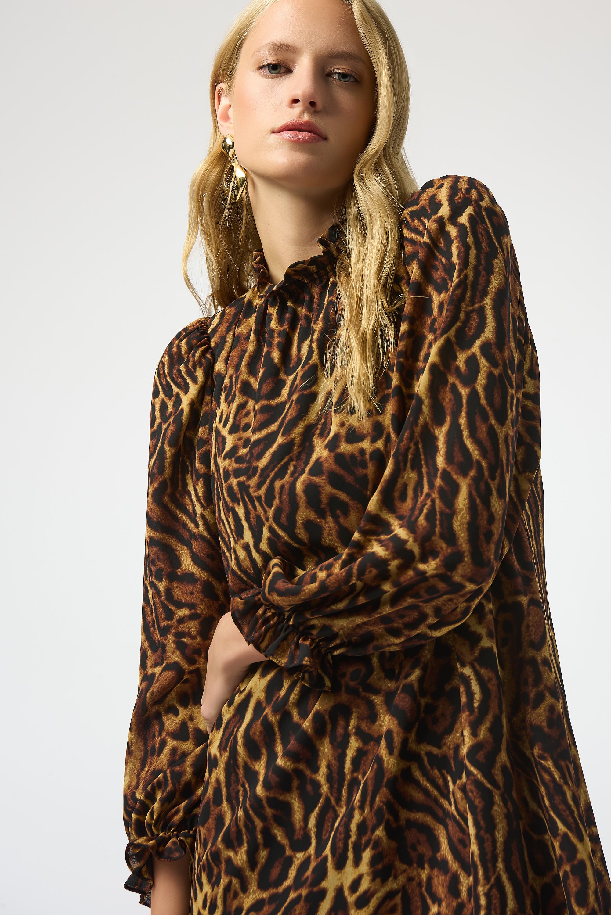 Joseph Ribkoff Black/Brown Georgette Animal Print Trapeze Dress Style 253148 Black/Brown / 12 Joseph Ribkoff Black/Brown Georgette Animal Print Trapeze Dress Style 253148 Black/Brown / 12