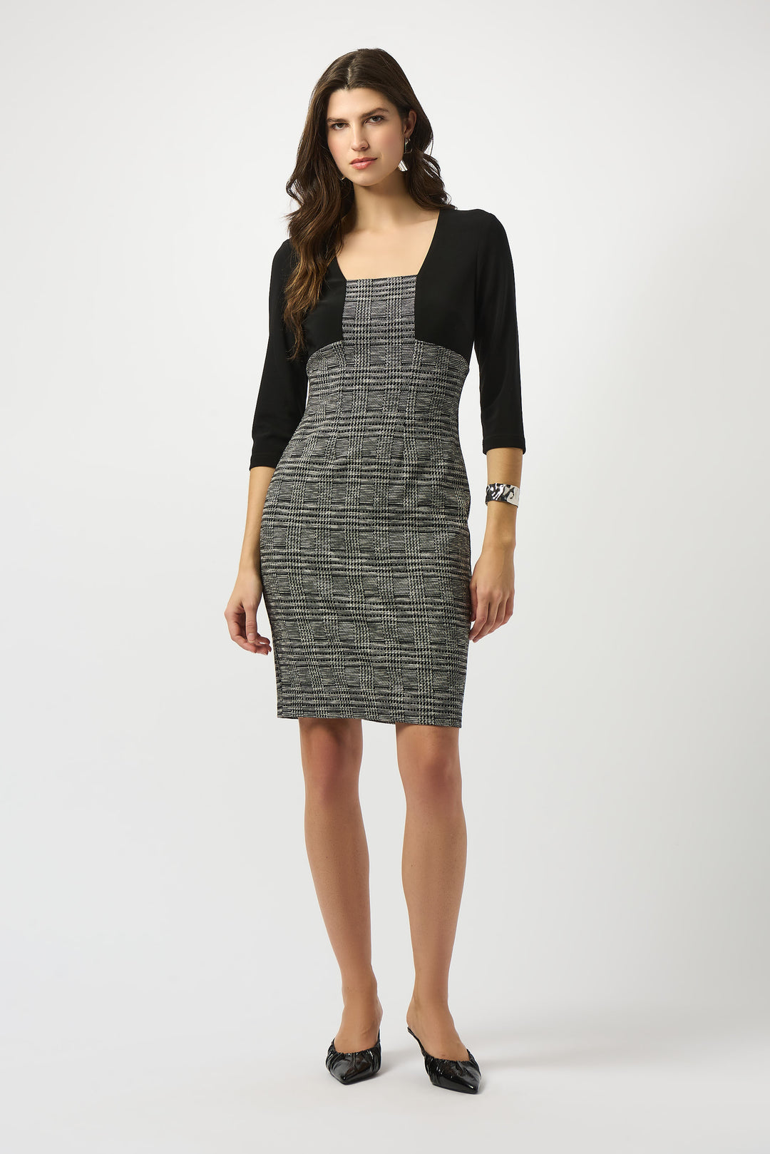 Joseph Ribkoff Jacquard Knit Plaid Print Sheath Dress Style 253184.