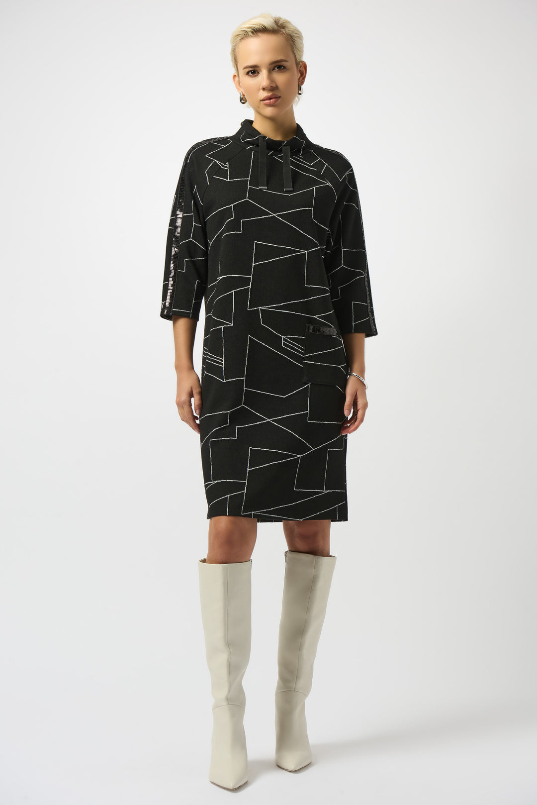 Joseph Ribkoff Black/Off White Jacquard Knit Abstract Print Straight Dress Style 253082.