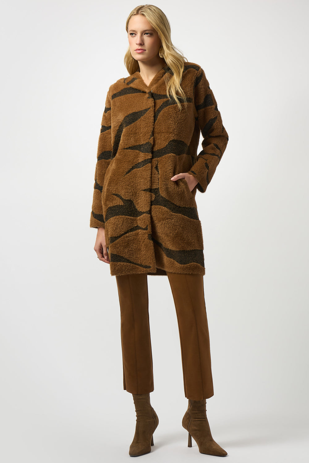 Joseph Ribkoff Brown/Black Feather Yarn Animal Jacquard Hooded Coat Style 253902.