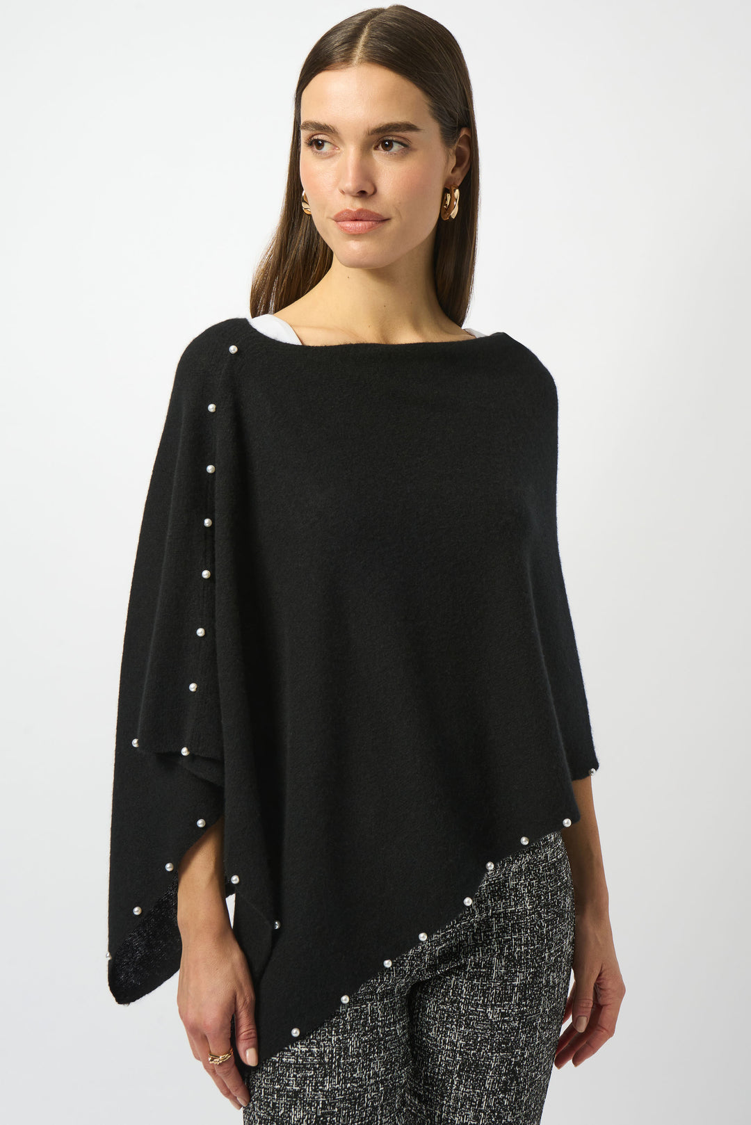 Joseph Ribkoff Black Cashmere Poncho with Pearl Detailing Style 253968.